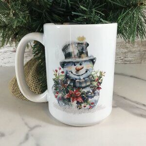 Plaid Snowman Winter Mug 15 oz Ceramic Coffee Cup